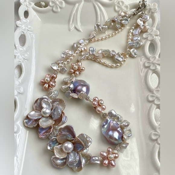 N290-Premium RARE Natural Blue Petal Pearl Blue Flameball Pearl Flower Necklace - Picture 3 of 16